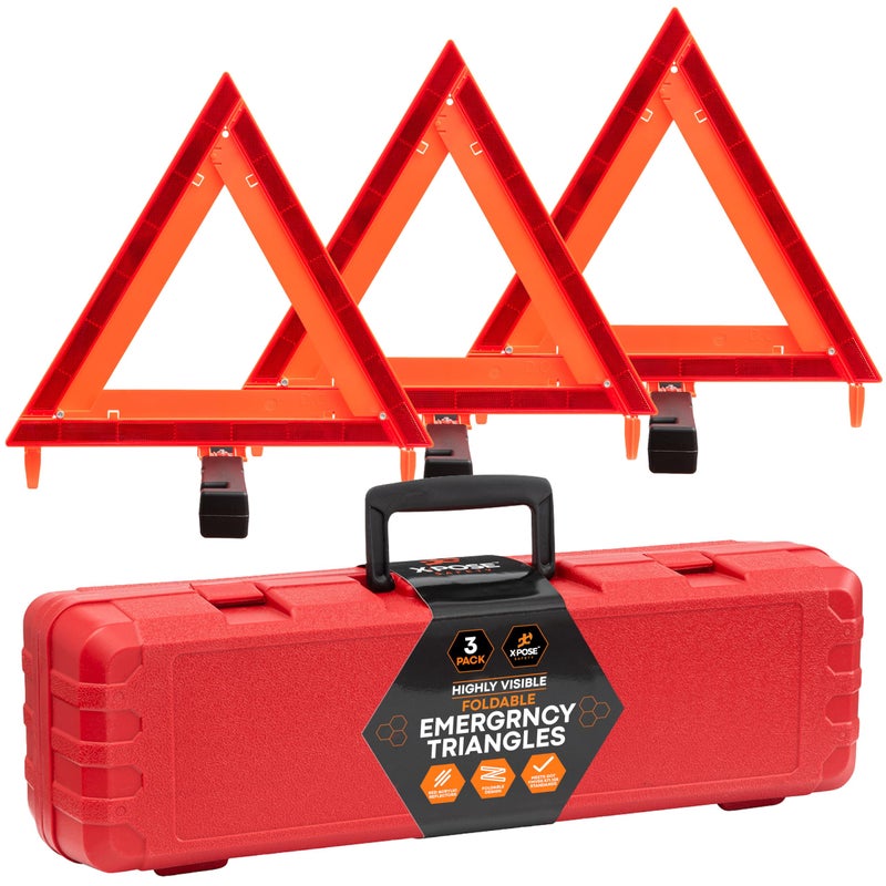 xpose safety مثلثات الطوارئ العاكسة للسلامة من إكسبوز - 1 مجموعة (3 مثلثات) - معتمدة من DOT كعلامات تحذير للسيارات على جانب الطريق - علامات رؤية خطر السيارات باللونين الأحمر والبرتقالي - Image 1